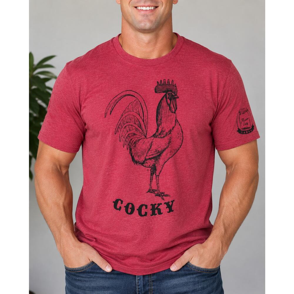 Mason Jar Label Cocky Rooster Graphic Tee Red Unisex 2XL NWOT
